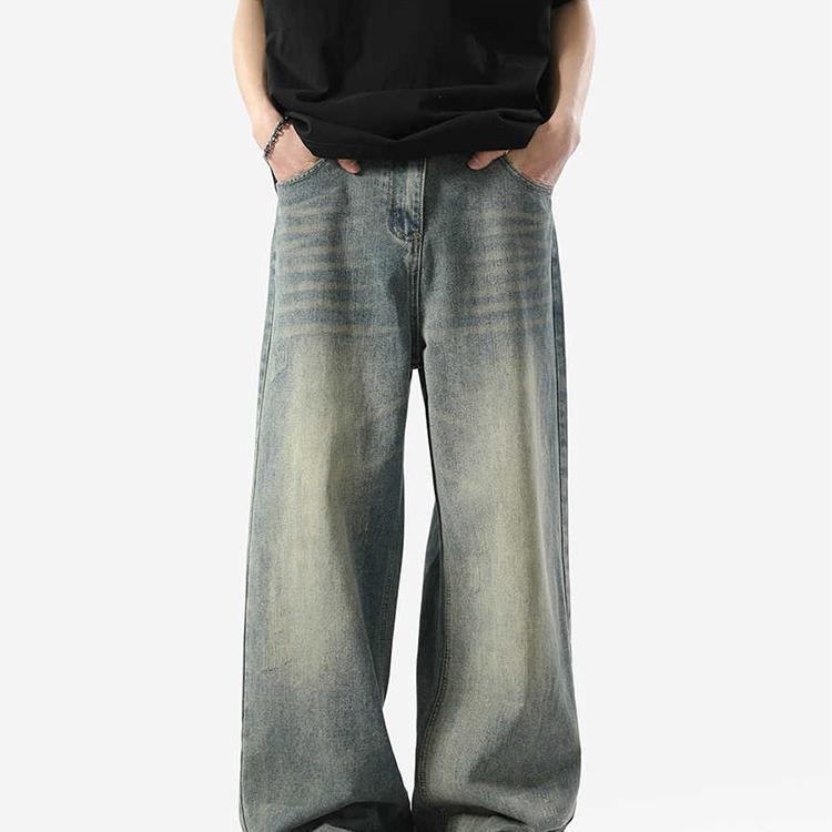 春 コーデ メンズ 用 服 大人 紳士服 アメリカン ストリート ゆったり ストレート ワイド ジーンズ パンツ ブルー ドレープ 秋風 カジュアル 通勤スタイル 重ね着コーデ ゆったりシルエット 快適フィット 動きやすい デイリー