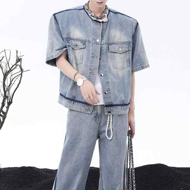 春 コーデ メンズ 用 服 シンプル ファッション オシャレ 大人 かっこいい 紳士服 ゆったり 半袖 シャツ ジャケット ブルー 夏 デニムシャツ カジュアル 通勤スタイル 重ね着コーデ ゆったりシルエット 軽アウター