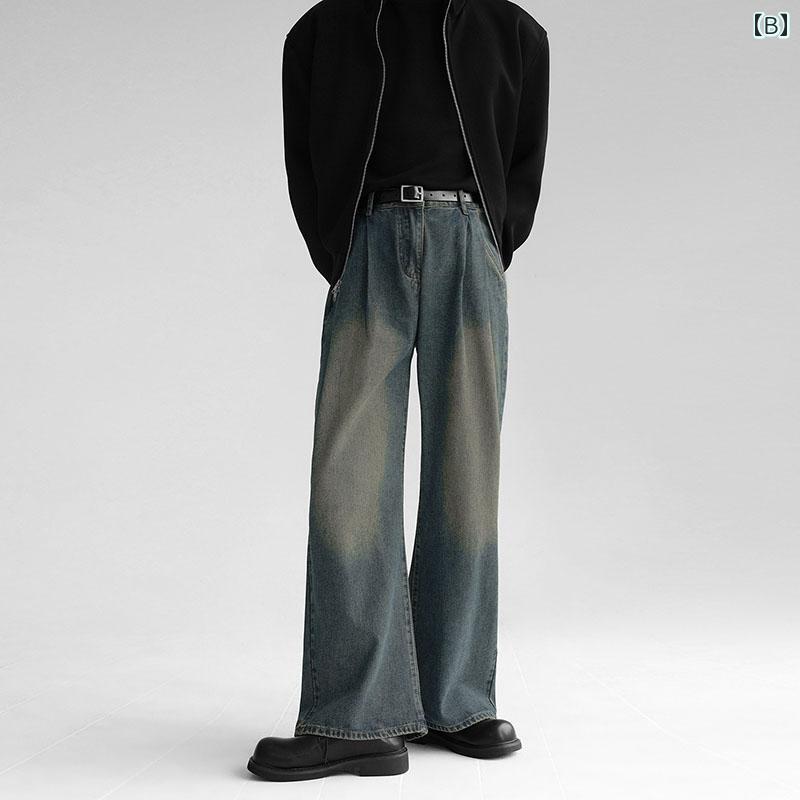 春 コーデ メンズ 用 服 紳士服 アメリカン ストリート カジュアル ストレート ワイド ジーンズ パンツ プリーツ ドレープ 男女兼用 カジュアル 通勤スタイル 重ね着コーデ ゆったりシルエット 快適フィット 動きやすい デイリー