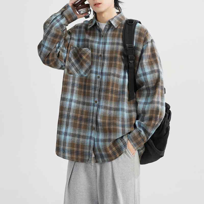 春 コーデ メンズ 用 服 シンプル ファッション オシャレ 大人 紳士服 アメリカン ストリート カジュアル ゆったり 長袖 チェック シャツ ジャケット ハイエンド 春 カジュアル 通勤スタイル 重ね着コーデ ゆったりシルエット 軽アウター