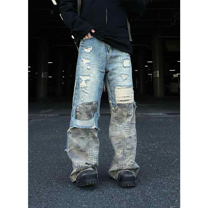 春 コーデ メンズ 用 服 大人 紳士服 アメリカン ストリート カジュアル ゆったり ストレート ジーンズ パンツ カモフラージュ 男女兼用 カジュアル 通勤スタイル 重ね着コーデ ゆったりシルエット 快適フィット 動きやすい デイリー
