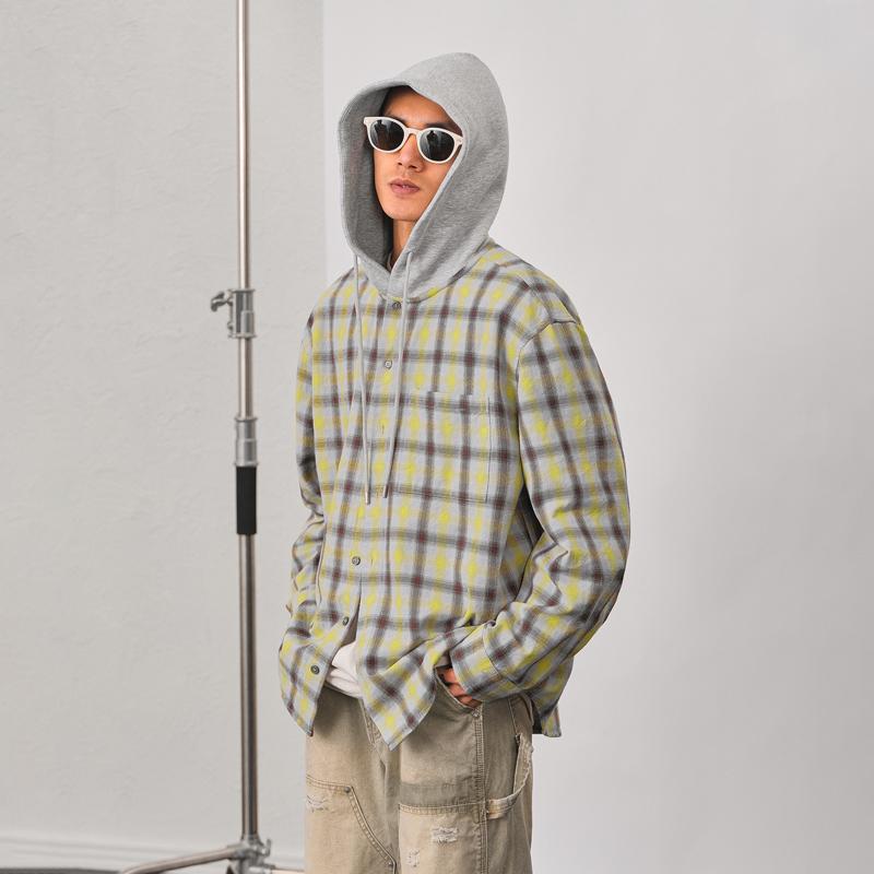 乐天商城 - 春 コーデ メンズ 用 服 シンプル ファッション オシャレ 大人 かっこいい 紳士服 カジュアル 長袖 フード付き チェック シャツ ジャケット 春 カジュアル 通勤スタイル 重ね着コーデ ゆったりシルエット 軽アウター