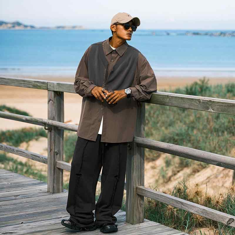 春 コーデ メンズ 用 服 シンプル ファッション オシャレ 大人 かっこいい 紳士服 長袖 シャツ 無地 ジッパー 秋 カジュアル 通勤スタイル 重ね着コーデ ゆったりシルエット さらっと着 普段使い