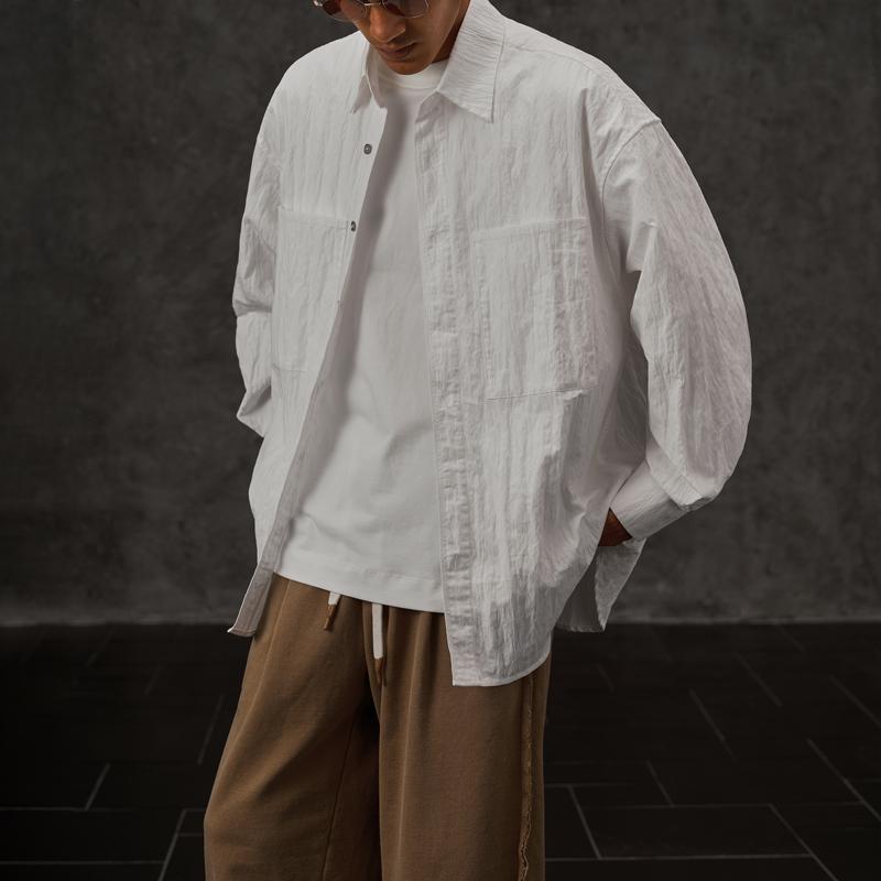 乐天商城 - 春 コーデ メンズ 用 服 シンプル ファッション オシャレ 大人 かっこいい 紳士服 アメリカン 長袖 シャツ 無地 プリーツ 春秋 カジュアル 通勤スタイル 重ね着コーデ ゆったりシルエット さらっと着 普段使い