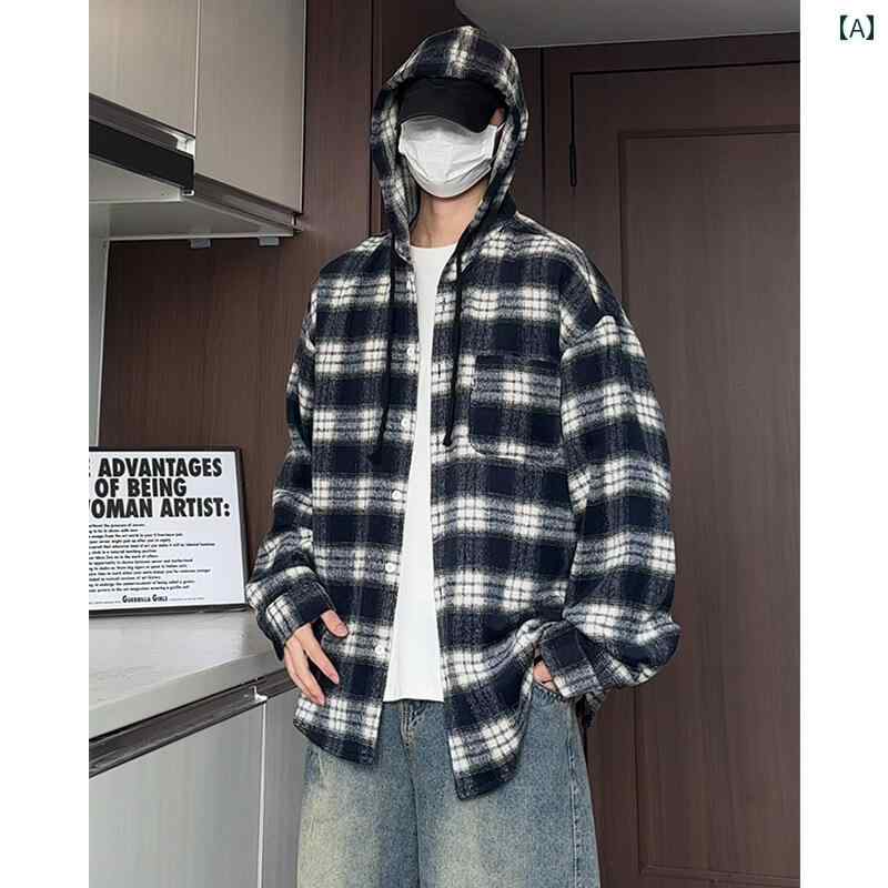 春 コーデ メンズ 用 服 シンプル ファッション オシャレ 大人 紳士服 アメリカン カジュアル ゆったり 長袖 フード付き チェック シャツ ジャケット 春秋 カジュアル 通勤スタイル 重ね着コーデ ゆったりシルエット 軽アウター