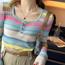 春 コーデ レディース ファッション オシャレ カワイイ シンプル きれいめ ナチュラル 上品カジュアル 婦人服 レインボー ストライプ セーター スリム トップス スクエアネック シャツ