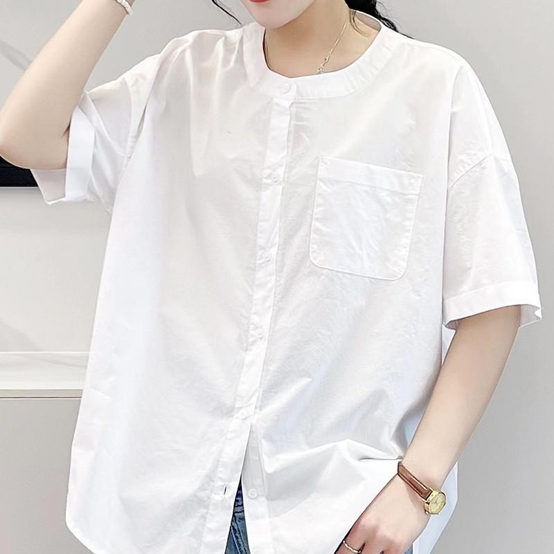 春 コーデ レディース ファッション オシャレ カワイイ シンプル きれいめ ナチュラル 上品カジュアル 婦人服 半袖 シャツ 夏 白 無地 トップス ラウンドネック コットン 快適 通気性 通勤ウェア