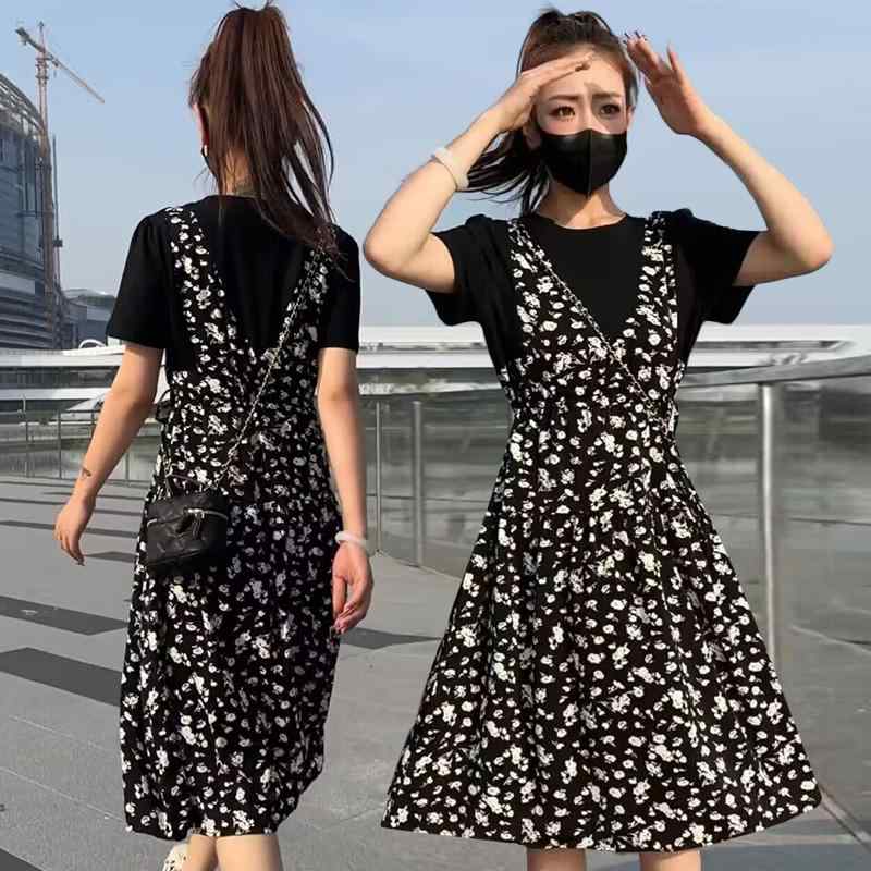 春 コーデ レディース ファッション オシャレ カワイイ シンプル きれいめ ナチュラル 上品カジュアル 婦人服 フレンチ ウエスト フェイク ツーピース 花柄 ドレス 夏 スリム Aライン