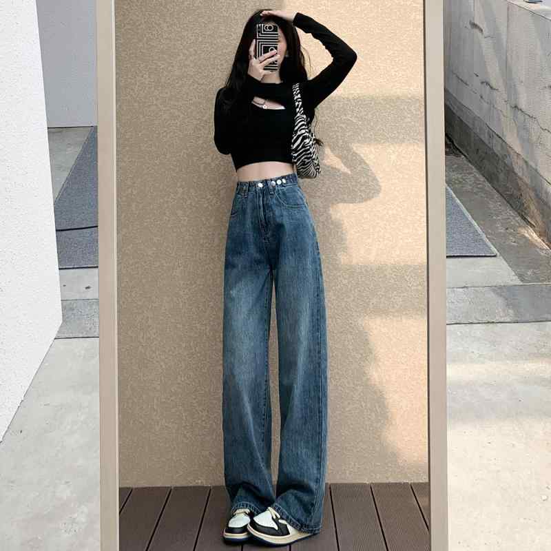 Rakuten - 春 コーデ レディース ファッション オシャレ カワイイ シンプル きれいめ ナチュラル 上品カジュアル 婦人服 ホワイト カラー ハイウエスト スリム ジーンズ ゆったり ワイドレッグ フロア レングス パンツ