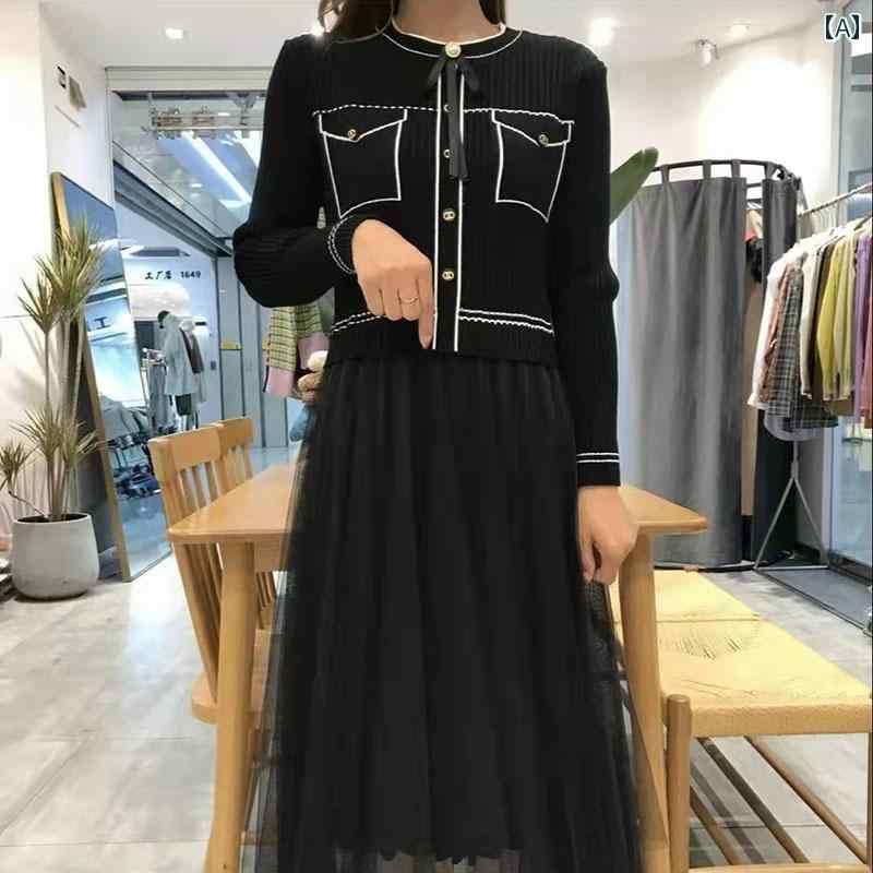 春 コーデ レディース ファッション オシャレ カワイイ シンプル きれいめ ナチュラル 上品カジュアル 婦人服 ニット ドレス スリム 長袖 メッシュ スカート フェイク ツーピース
