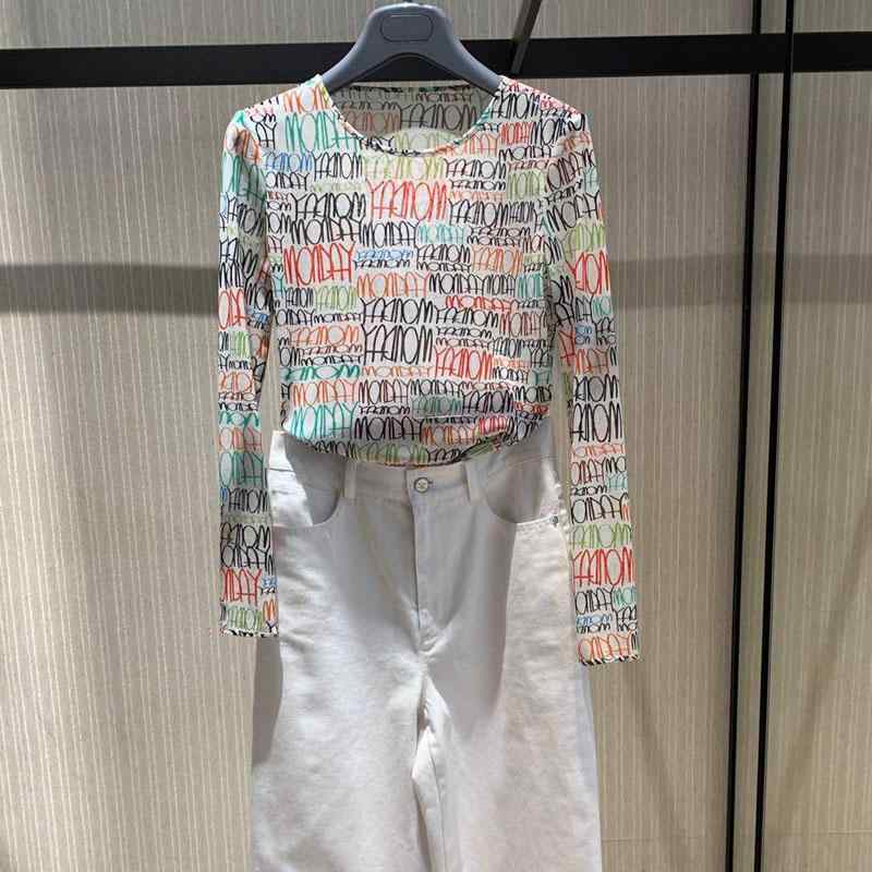 春 コーデ レディース ファッション オシャレ カワイイ シンプル きれいめ ナチュラル 上品カジュアル 婦人服 ホワイト カラー 夏 レター プリント ラウンドネック シャツ T 長袖