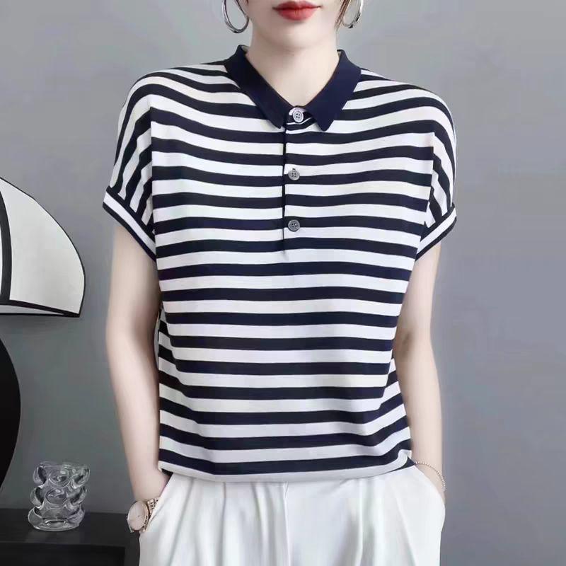 春 コーデ レディース ファッション オシャレ カワイイ シンプル きれいめ ナチュラル 上品カジュアル 婦人服 ホワイト カラー 夏 カジュアル ニット ストライプ 半袖 Tシャツ トップス