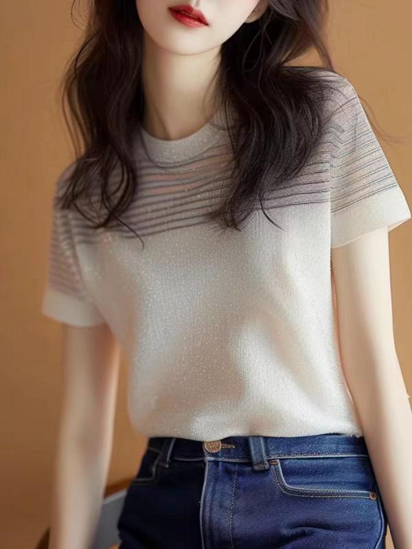 春 コーデ レディース ファッション オシャレ カワイイ シンプル きれいめ ナチュラル 上品カジュアル 婦人服 ホワイト カラー 光沢 ストライプ 半袖 Tシャツ 夏 フレンチ風 スタイル トップス