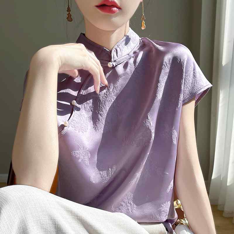 Other - 春 コーデ レディース ファッション オシャレ カワイイ シンプル きれいめ ナチュラル 上品カジュアル 婦人服 ディスクボタン アセテート 半袖 Tシャツ サテン トップス クラシック ジャカード スタンドカラー