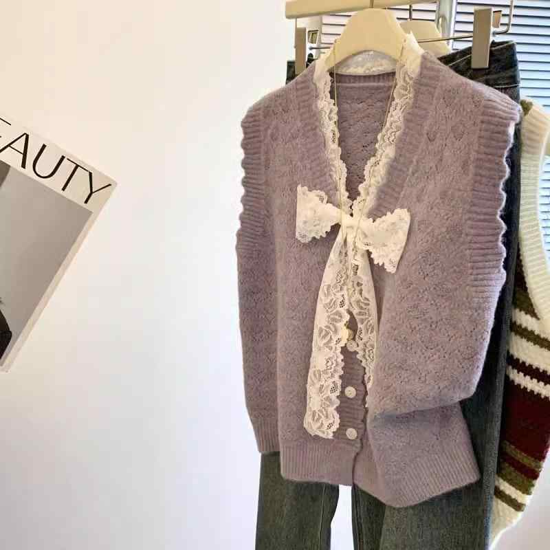 春 コーデ レディース ファッション オシャレ カワイイ シンプル きれいめ ナチュラル 上品カジュアル 婦人服 レース リボン ベスト セーター アウター レイヤリング