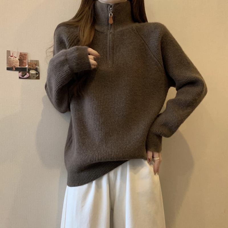 Turtleneck - 春 コーデ レディース ファッション オシャレ カワイイ シンプル きれいめ ナチュラル 上品カジュアル 婦人服 ホワイト カラー ハイネック ハーフ ジップ ソフト ウール セーター 長袖 トップス