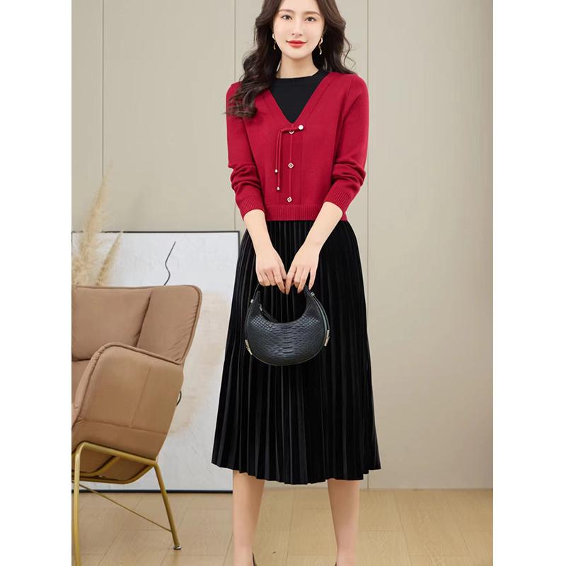 Rakuten - 春 コーデ レディース ファッション オシャレ カワイイ シンプル きれいめ ナチュラル 上品カジュアル 婦人服 フェイク ツーピース ニット ドレス プリーツスカート スリム セーター スカート