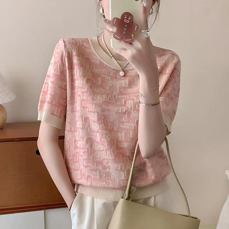 春 コーデ レディース ファッション オシャレ カワイイ シンプル きれいめ ナチュラル 上品カジュアル 婦人服 ホワイト カラー 夏 ピンク ラウンドネック セーター 半袖 Tシャツ