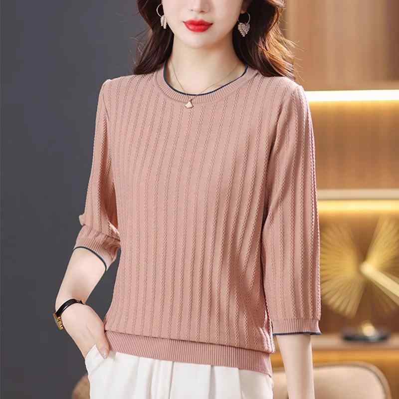 春 コーデ レディース ファッション オシャレ カワイイ シンプル きれいめ ナチュラル 上品カジュアル 婦人服 Tシャツ 夏 ラウンドネック カジュアル 七分袖 薄手 セーター トップス アウトドア