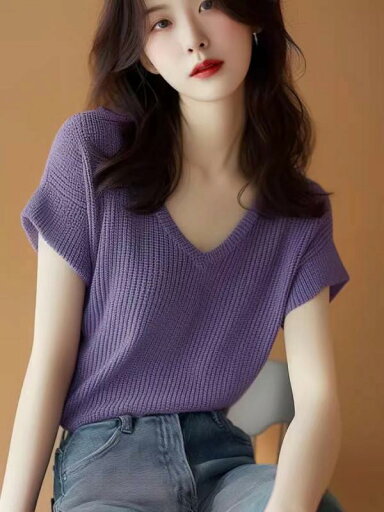 春 コーデ レディース ファッション オシャレ カワイイ シンプル きれいめ ナチュラル 上品カジュアル 婦人服 ホワイト カラー 夏 Vネックプルオーバー パープル セーター 半袖 Tシャツ トップス 春 コーデ レディース ファッション オシャレ カワイイ シンプル きれいめ ナチュラル 上品カジュアル 婦人服 ホワイト カラー 夏 Vネックプルオーバー パープル セーター 半袖 Tシャツ トップス