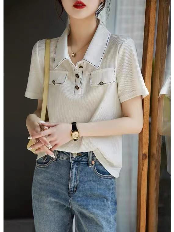 春 コーデ レディース ファッション オシャレ カワイイ シンプル きれいめ ナチュラル 上品カジュアル 婦人服 ホワイト カラー 夏 ポロ セーター 半袖 Tシャツ トップス