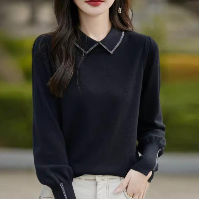 春 コーデ レディース ファッション オシャレ カワイイ シンプル きれいめ ナチュラル 上品カジュアル 婦人服 ホワイト カラー 黒 ランタン スリーブ ウール セーター トップス