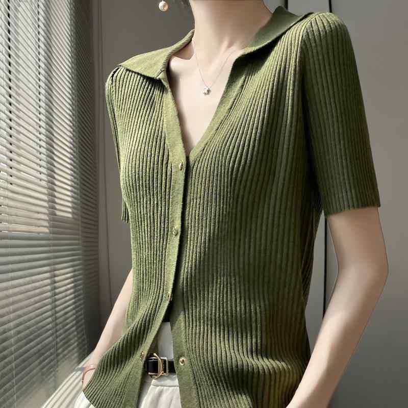 春 コーデ レディース ファッション オシャレ カワイイ シンプル きれいめ ナチュラル 上品カジュアル 婦人服 ホワイト カラー 夏 ポロ ニット 半袖 カーディガン トップス
