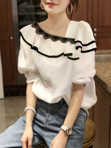 春 コーデ レディース ファッション オシャレ カワイイ シンプル きれいめ ナチュラル 上品カジュアル 婦人服 夏 白 フリル シフォンシャツ レース パフスリーブ 半袖 トップス 春 コーデ レディース ファッション オシャレ カワイイ シンプル きれいめ ナチュラル 上品カジュアル 婦人服 夏 白 フリル シフォンシャツ レース パフスリーブ 半袖 トップス