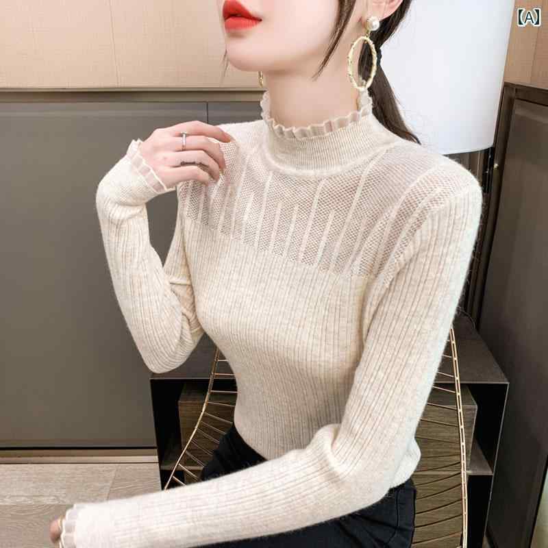 春 コーデ レディース ファッション オシャレ カワイイ シンプル きれいめ ナチュラル 上品カジュアル 婦人服 ハーフ タートルネック レース セーター シャツ スタイリッシュ 黒 ハイエンド インナーウェア