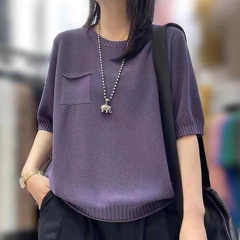 春 コーデ レディース ファッション オシャレ カワイイ シンプル きれいめ ナチュラル 上品カジュアル 婦人服 夏 ラウンドネック セーター 五分袖 クラシック カジュアル 薄手 Tシャツ
