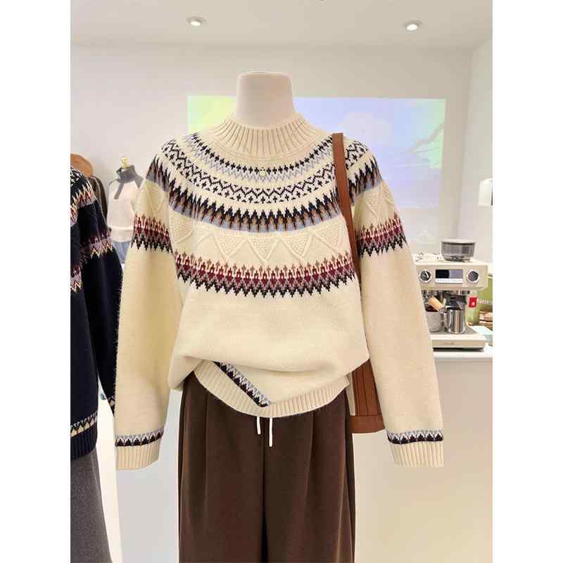 春 コーデ レディース ファッション オシャレ カワイイ シンプル きれいめ ナチュラル 上品カジュアル 婦人服 セミ ラウンドネック ベルベット セーター クラシック ジャカード スリム ソフト 防寒 プルオーバー