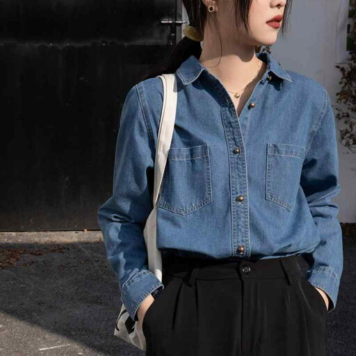 春 コーデ レディース ファッション オシャレ カワイイ シンプル きれいめ ナチュラル 上品カジュアル 婦人服 ダーク ブルー クラシック デニムシャツ トップス 春 コーデ レディース ファッション オシャレ カワイイ シンプル きれいめ ナチュラル 上品カジュアル 婦人服 ダーク ブルー クラシック デニムシャツ トップス