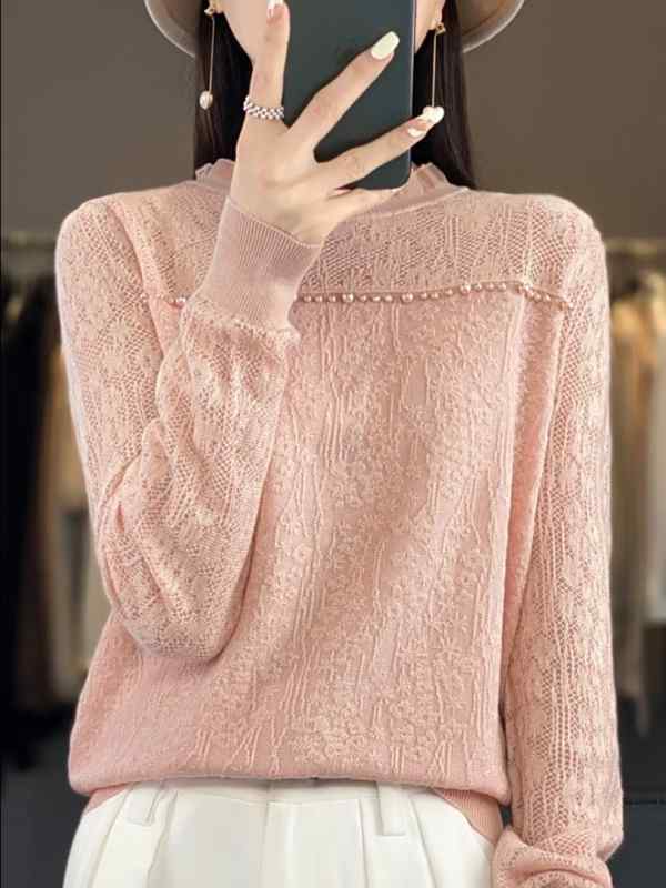 春 コーデ レディース ファッション オシャレ カワイイ シンプル きれいめ ナチュラル 上品カジュアル 婦人服 薄手 ハーフ ハイネック レース ビーズ 長袖 ニット レイヤリング シャツ