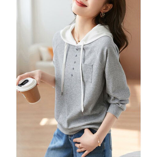 春 コーデ レディース ファッション オシャレ カワイイ シンプル きれいめ ナチュラル 上品カジュアル 婦人服 ボタン 装飾 ゆったり スリム 長袖 フード付き スウェットシャツ 春 コーデ レディース ファッション オシャレ カワイイ シンプル きれいめ ナチュラル 上品カジュアル 婦人服 ボタン 装飾 ゆったり スリム 長袖 フード付き スウェットシャツ