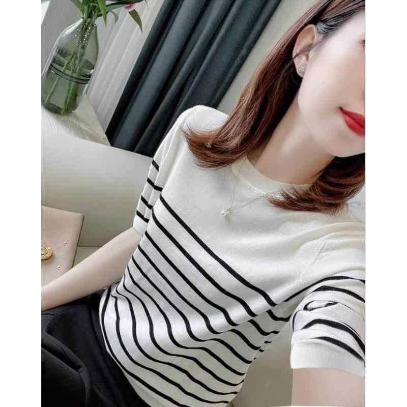春 コーデ レディース ファッション オシャレ カワイイ シンプル きれいめ ナチュラル 上品カジュアル 婦人服 夏 ラウンドネック ストライプ セーター 半袖 トップス