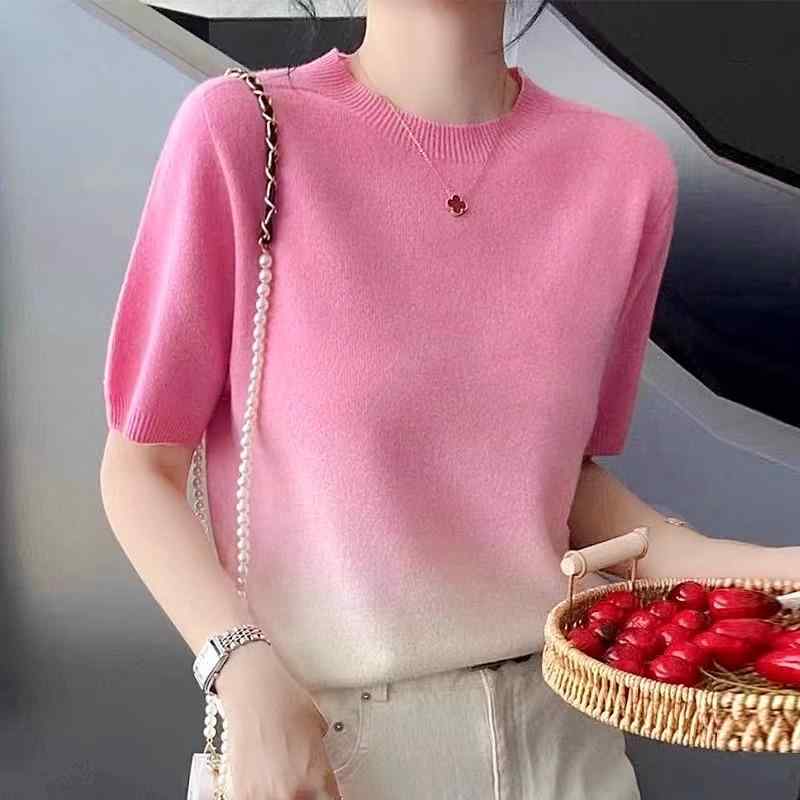 春 コーデ レディース ファッション オシャレ カワイイ シンプル きれいめ ナチュラル 上品カジュアル 婦人服 フレンチ グラデーション セーター 夏 薄手 半袖 トップス
