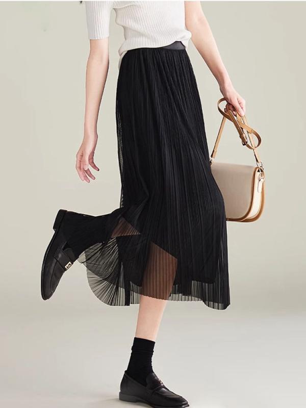 春 コーデ レディース ファッション オシャレ カワイイ シンプル きれいめ ナチュラル 上品カジュアル 婦人服 ハイウエスト スリム プリーツ メッシュ ミドル丈 スカート
