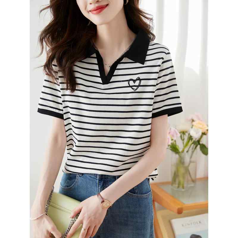 春 コーデ レディース ファッション オシャレ カワイイ シンプル きれいめ ナチュラル 上品カジュアル 婦人服 ストライプ ポロシャツ ゆったり 半袖 トップスのサムネイル