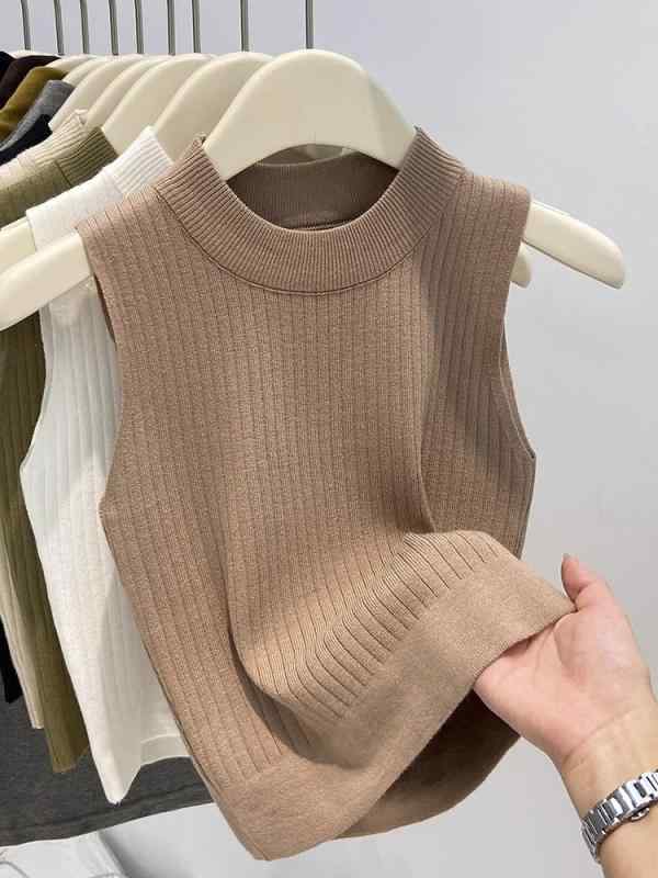 春 コーデ レディース ファッション オシャレ カワイイ シンプル きれいめ ナチュラル 上品カジュアル 婦人服 ハーフ ラウンドネック ピット トップス ノースリーブ セーター ベスト