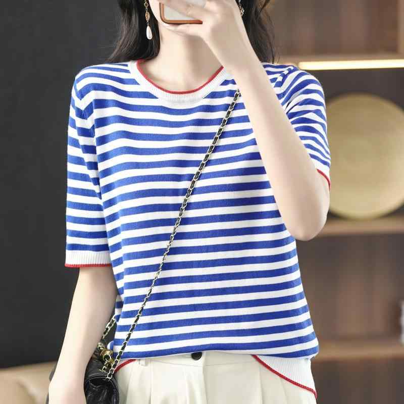 春 コーデ レディース ファッション オシャレ カワイイ シンプル きれいめ ナチュラル 上品カジュアル 婦人服 ストライプ ニット Tシャ..