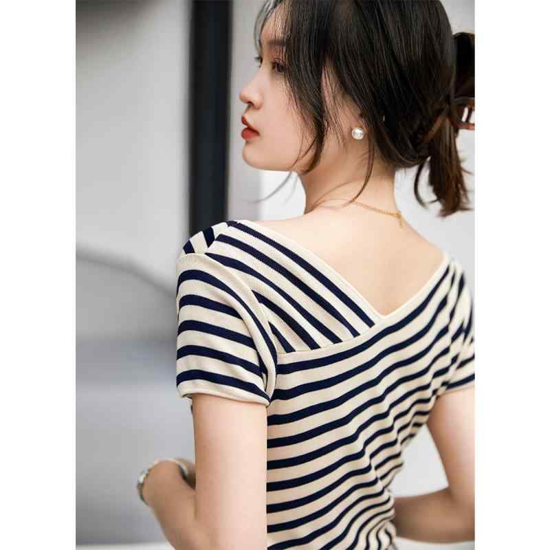 春 コーデ レディース ファッション オシャレ カワイイ シンプル きれいめ ナチュラル 上品カジュアル 婦人服 フレンチ ストライプ Vネック 半袖 プルオーバー ニット トップス