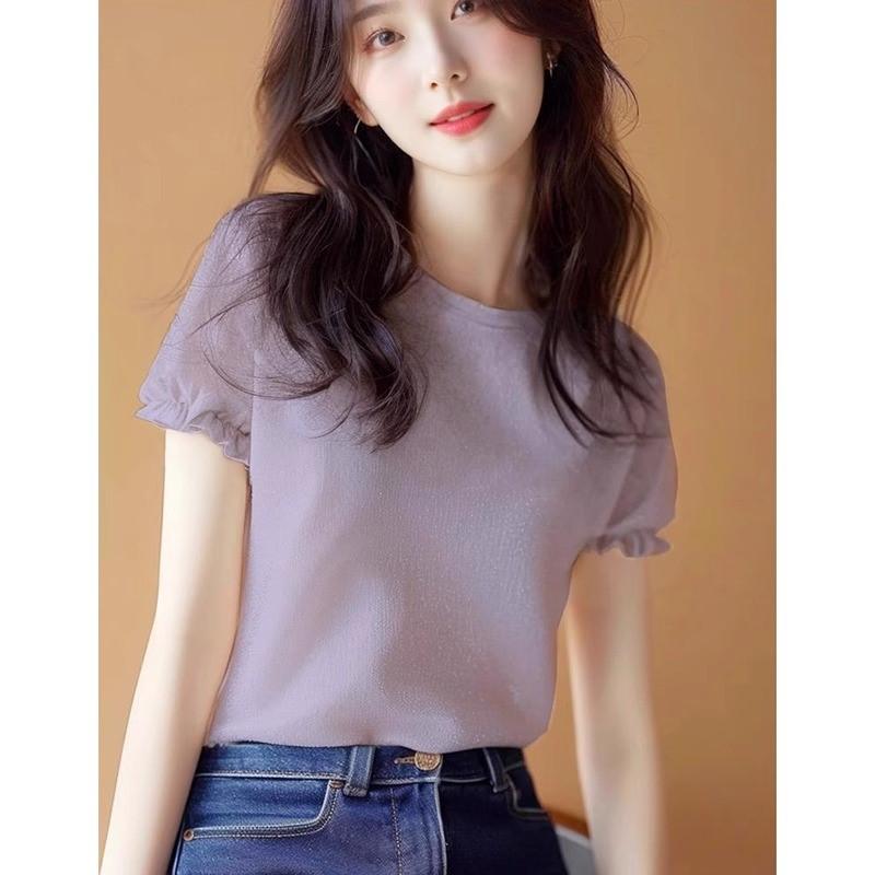 春 コーデ レディース ファッション オシャレ カワイイ シンプル きれいめ ナチュラル 上品カジュアル 婦人服 スリム 紫色 半袖 トップス