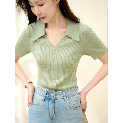 春 コーデ レディース ファッション オシャレ カワイイ シンプル きれいめ ナチュラル 上品カジュアル 婦人服 スリム 通気性 リヨセル ポロカラー ピット ストライプ セーター トップス 春 コーデ レディース ファッション オシャレ カワイイ シンプル きれいめ ナチュラル 上品カジュアル 婦人服 スリム 通気性 リヨセル ポロカラー ピット ストライプ セーター トップス