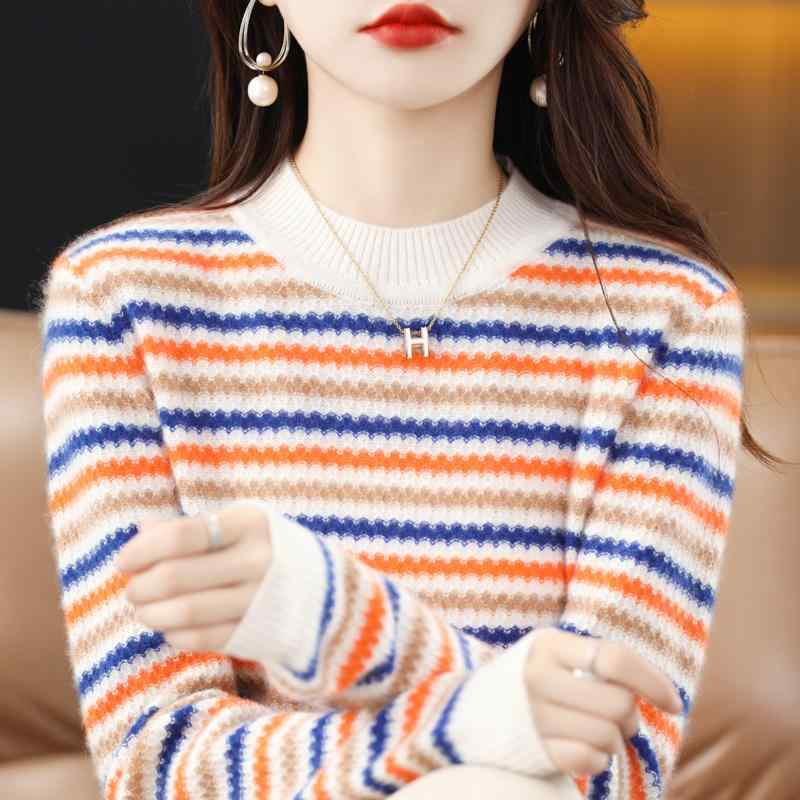 春 コーデ レディース ファッション オシャレ カワイイ シンプル きれいめ ナチュラル 上品カジュアル 婦人服 セーター ハーフ タートルネック ストライプ ...