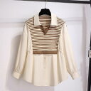 春 コーデ レディース ファッション オシャレ カワイイ シンプル きれいめ ナチュラル 上品カジュアル 婦人服 ストライプ フェイク ツーピース ニット 長袖 シャツ トップス