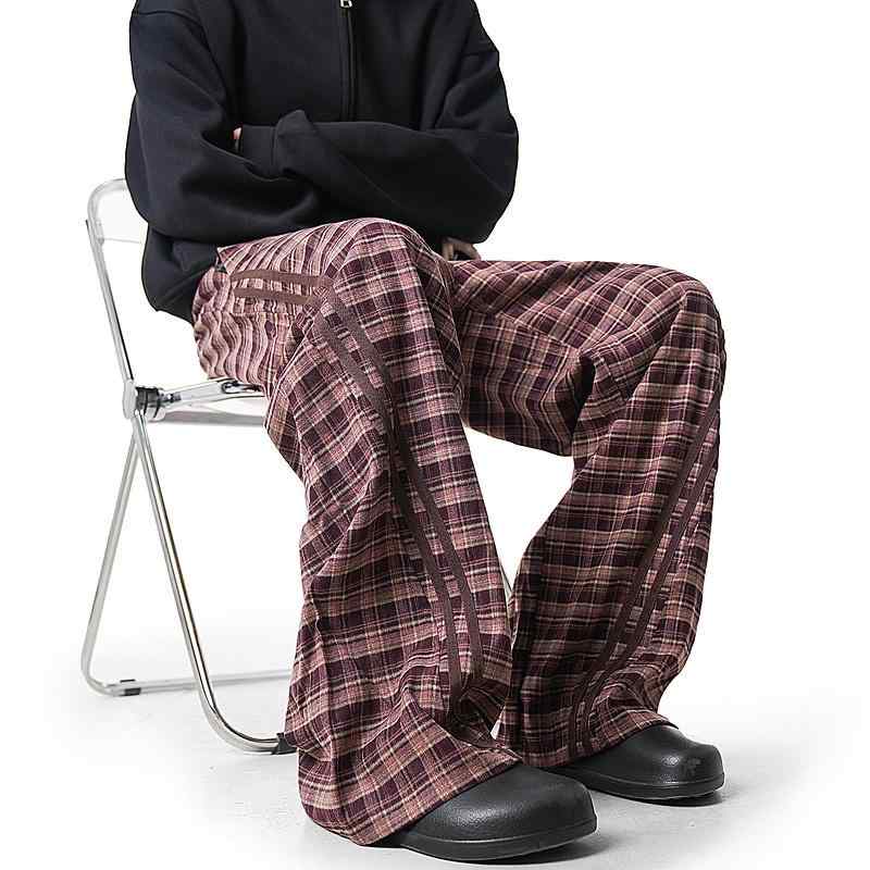 メンズ ファッション 服 用 オシャレ シンプル 大人 かっこいい 大きいサイズ ストリート 紳士服 アメリカン レトロ リボン カジュアル チェック柄 パンツ ストレート ワイドレッグ