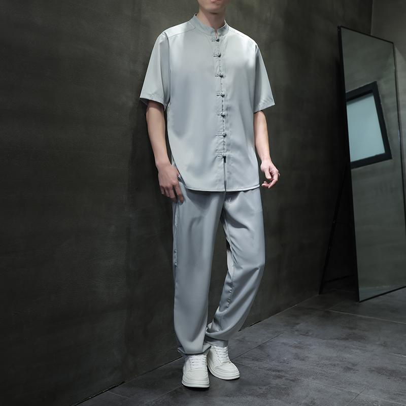 アジアンテイスト 衣装 メンズ ファッション 服 用 オシャレ シンプル 大人 かっこいい 大きいサイズ 紳士服 スーツ カジュアル 半袖 ズボン 冷感 夏 スタンドカラー チュニック