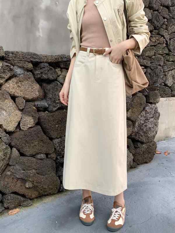 夏コーデ レディース ファッション 服 オシャレ カワイイ 女性用 シンプル 大人カワイイ 大きいサイズ 婦人服 韓国スタイル デニムスカート ハイウエスト スリム ロングスリット Aライン スカート ストレート