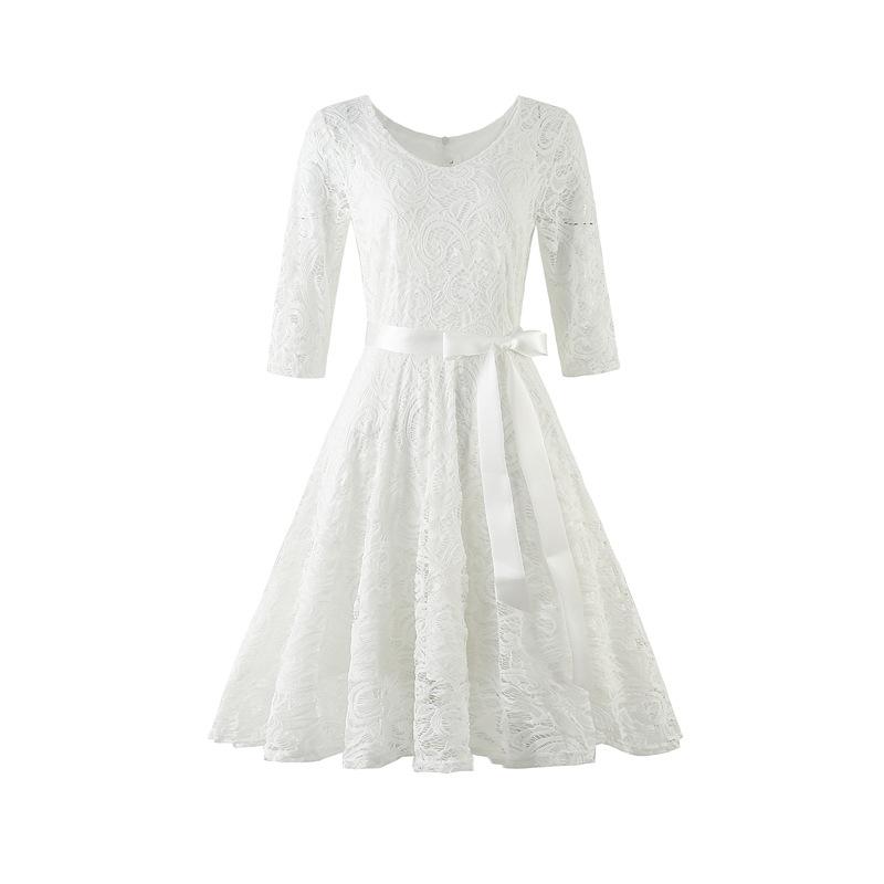 レディース ファッション 服 オシャレ カワイイ 女性用 シンプル Vネック 七分袖 レースアップ ドレス(4.0)