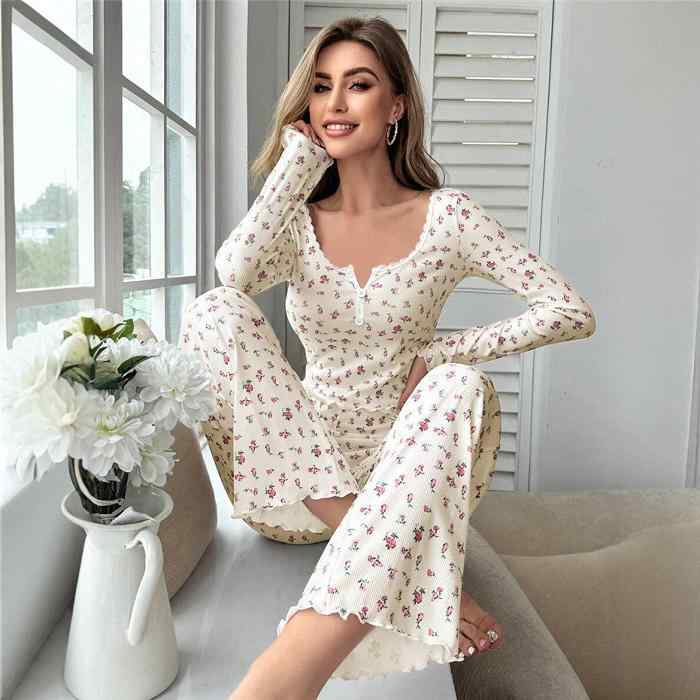 乐天商城 - レディース ファッション 服 オシャレ カワイイ 女性用 シンプル 花柄 長袖 ホームウェア パジャマ